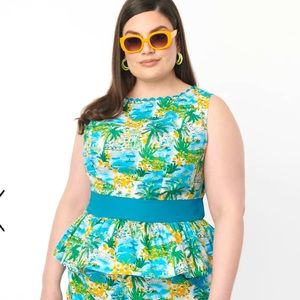 NWT Unique Vintage Seaside Village Print Honeybun Peplum Top 1X / 16